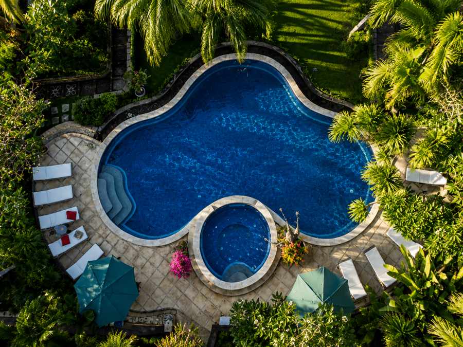Tropical pool framed by palms at Suma Hotel